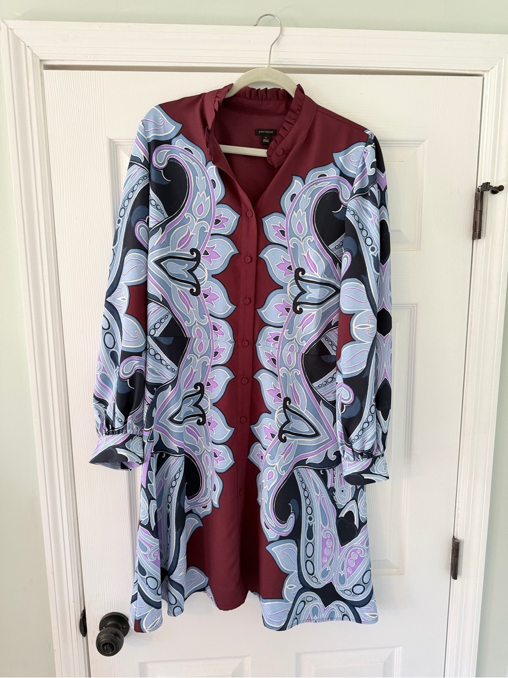 Ann Taylor Burgundy Multicolor Paisley Button-Front Dress
